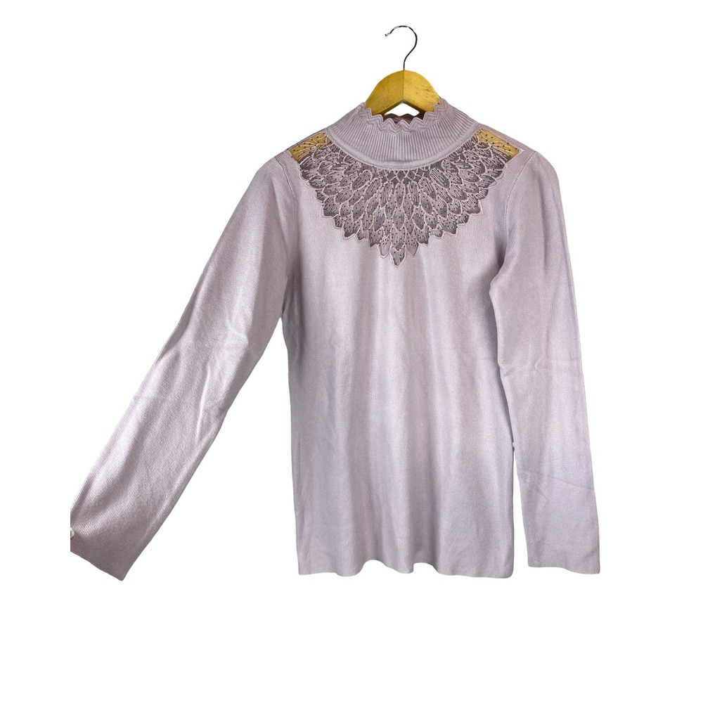 Anthropologie Oliver O Lavender Rhinestone Embroidered Mesh Mock Neck Sweater L